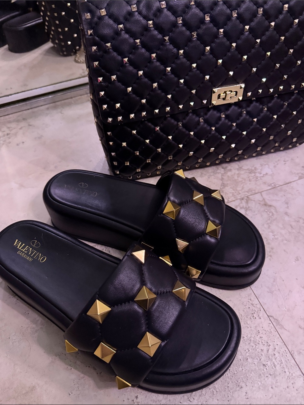 Valentino Garavani Black Leather Rockstud Quilted Slide Sandals